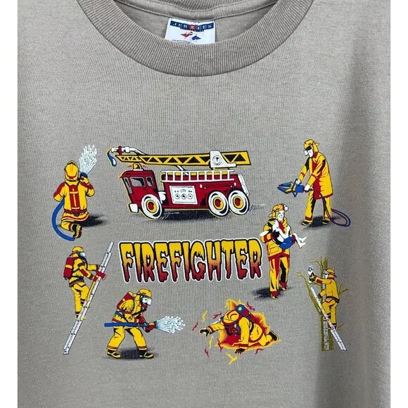 Vintage Jerzees Firefighter Graphic Print Short Sleeve T-shirt Mens Size Large - Picture 4 of 8